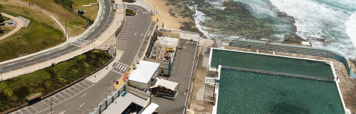 OUTSTANDING WORK: An aerial view of props holding up the facade of Newcastle Oceans Baths.