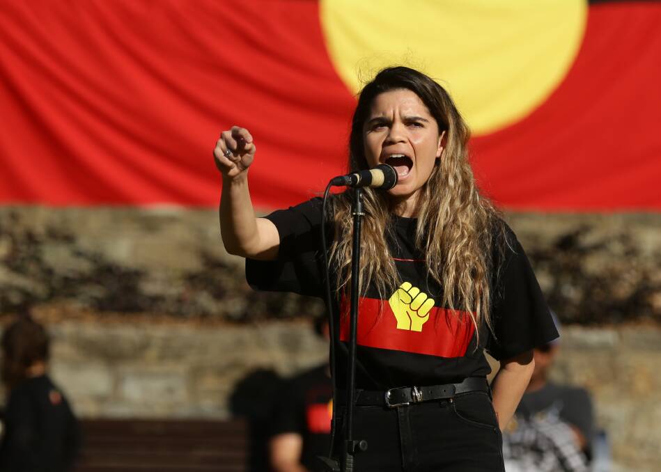 PLAN OF ACTION: A fired-up Taylah Gray addresses the crowd in Civic Park on Sunday. Picture: Jonathan Carroll