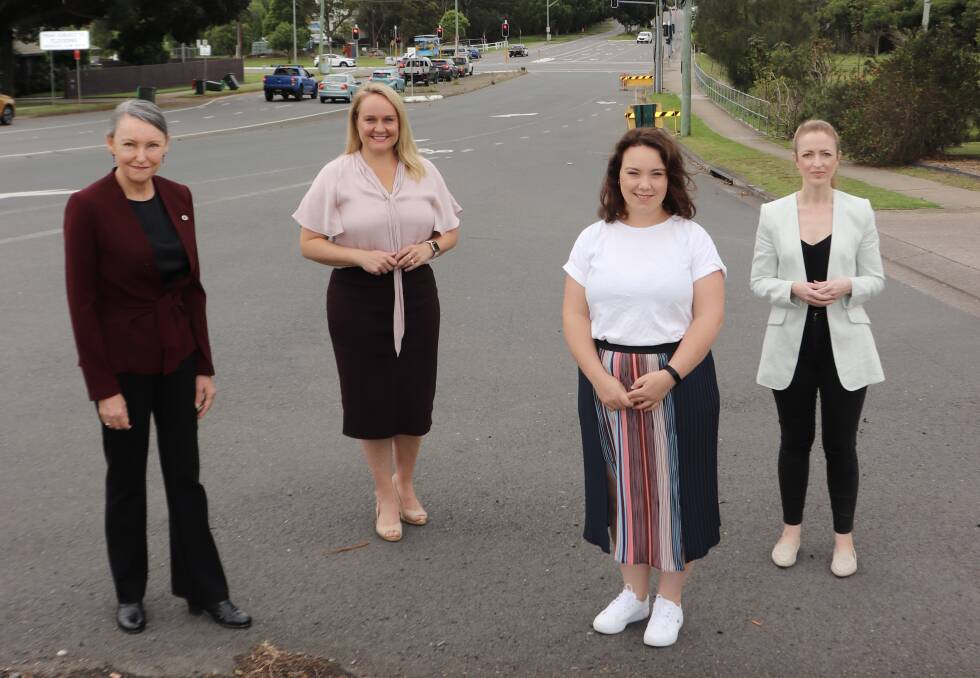 Wallsend MP Sonia Hornery, lord mayor Nuatali Nelmes and Labor candidates Deahnna Richardson and Liz Morris at Wallsend on Friday.