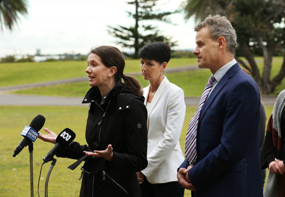 Rose Jackson, Kate Washington and Tim Crakanthorp at a media conference in August calling on the then Coalition government to use the Stockton Centre for crisis accommodation. Picture by Simone De Peak