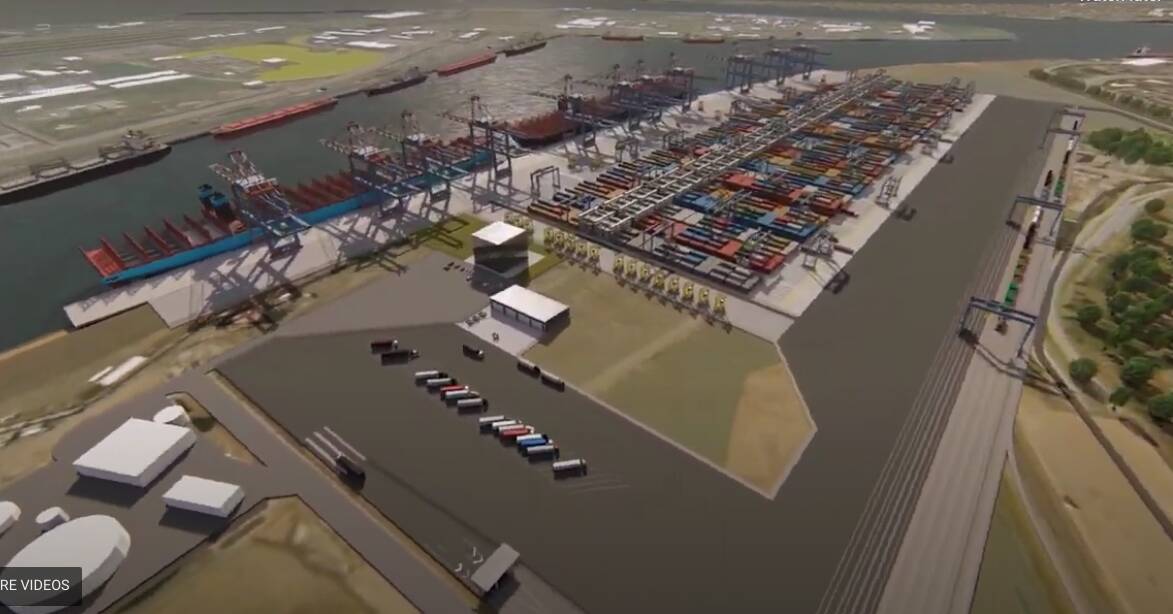 A Port of Newcastle container terminal concept plan showing the rail line splitting into six sidings, right.