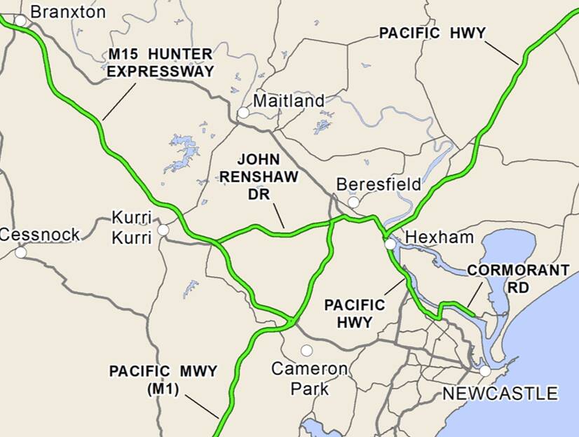 The National Land Transport Network in the Hunter, marked in green. Image from federal government