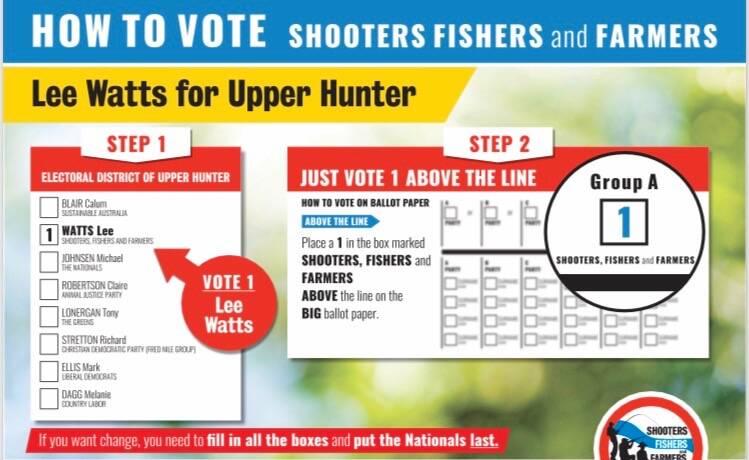INSTRUCTION: The Shooters' how-to-vote card with a footnote encouraging voters to put the Nationals last. 