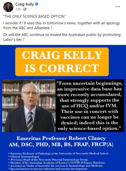 Craig Kelly's Facebook post using Professor Clancy's photograph and words to support his claims about COVID-19 treatments.