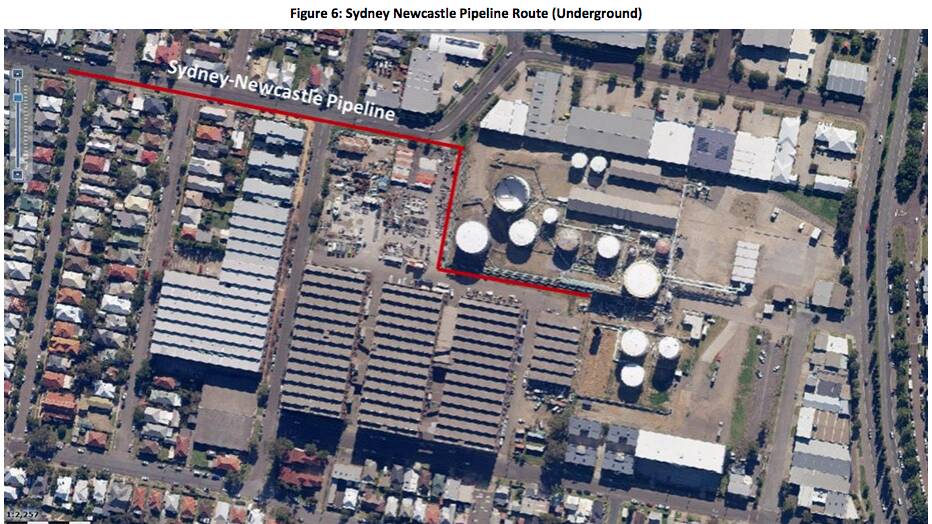 An aerial image showing the gas pipeline route to the Ampol depot and the three adjoining wool stores in Annie Street.