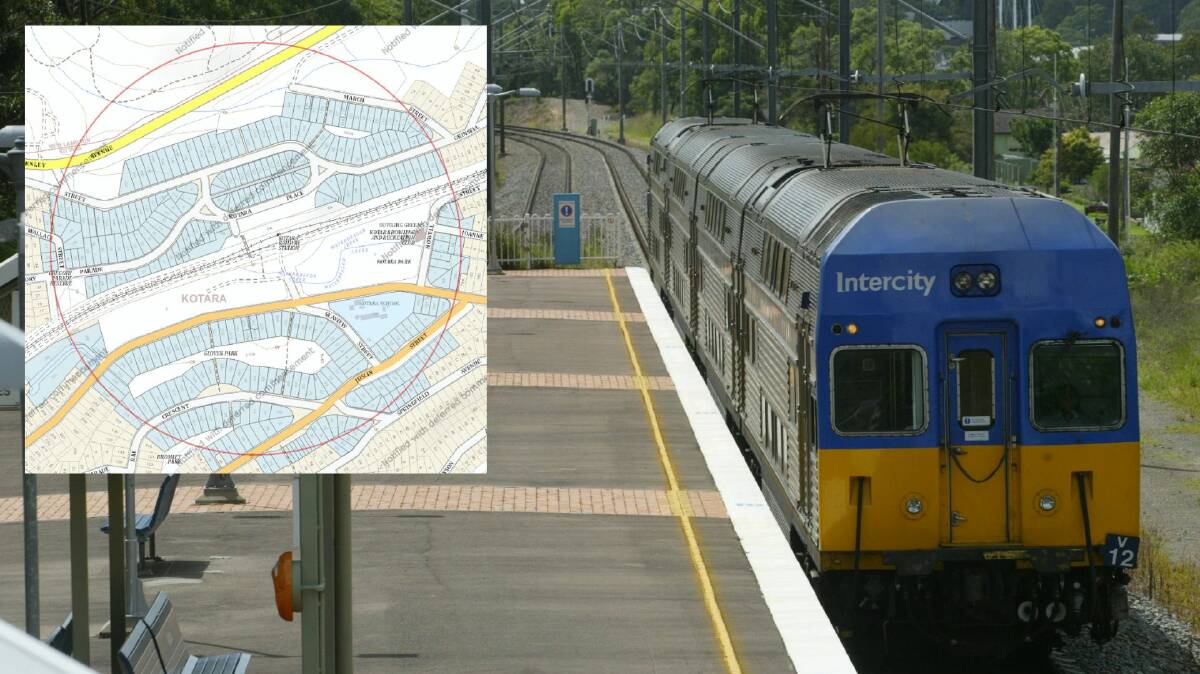 Kotara Station and, inset, a government map showing the streets where height limits have almost tripled. File picture