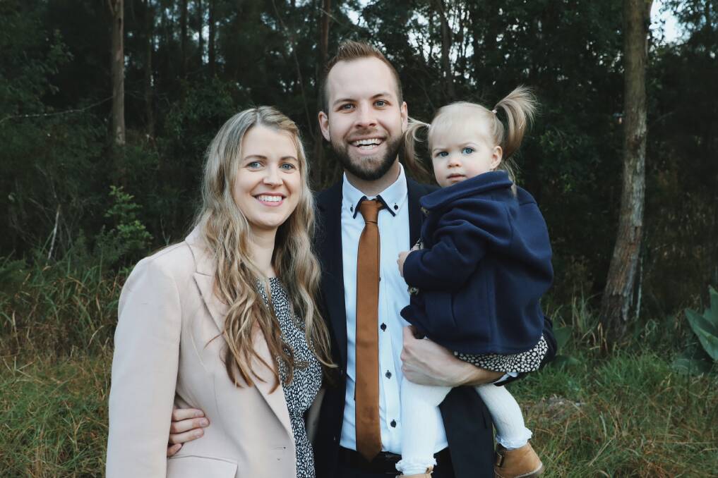 OFF AND RUNNING: The Nationals' pre-selected candidate for Hunter, James Thomson, with wife Claire and daughter Mahlia.