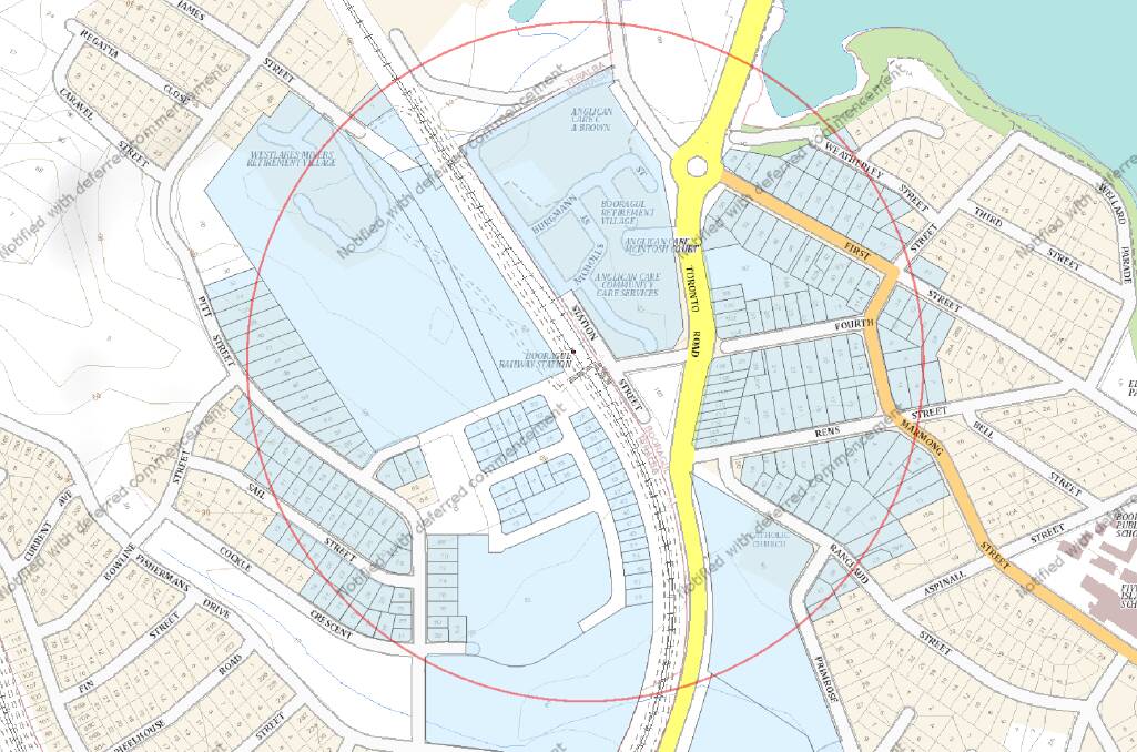 The Boolaroo Station zone, with government-identified "redevelopment sites" in blue. 
