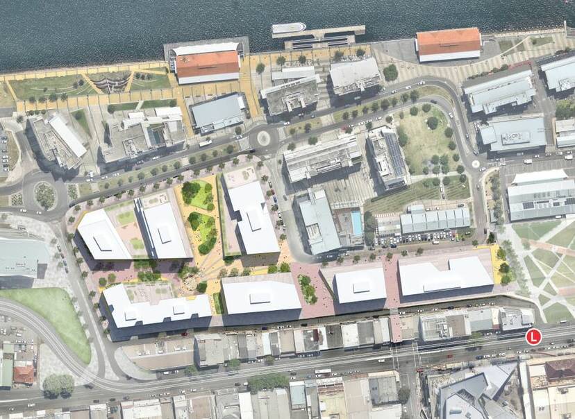 Concept plans for the university's Honeysuckle development showing seven buildings. Stage one is on the site's north-west corner. 