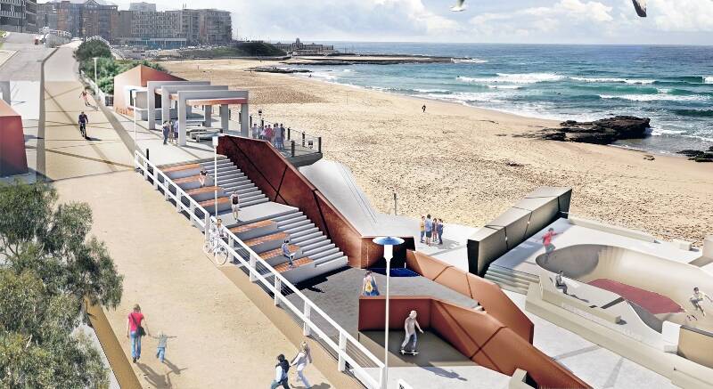 Artwork for the Bathers Way upgrade at South Newcastle, including the skate bowl protruding about 20 metres onto the sand. 