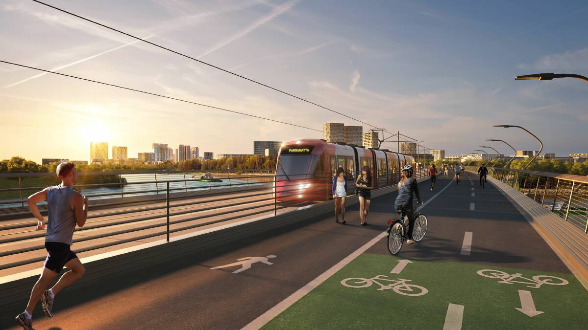 An artist's impression of the Parramatta light rail extension crossing a new bridge over the Parramatta River. Image from Transport for NSW