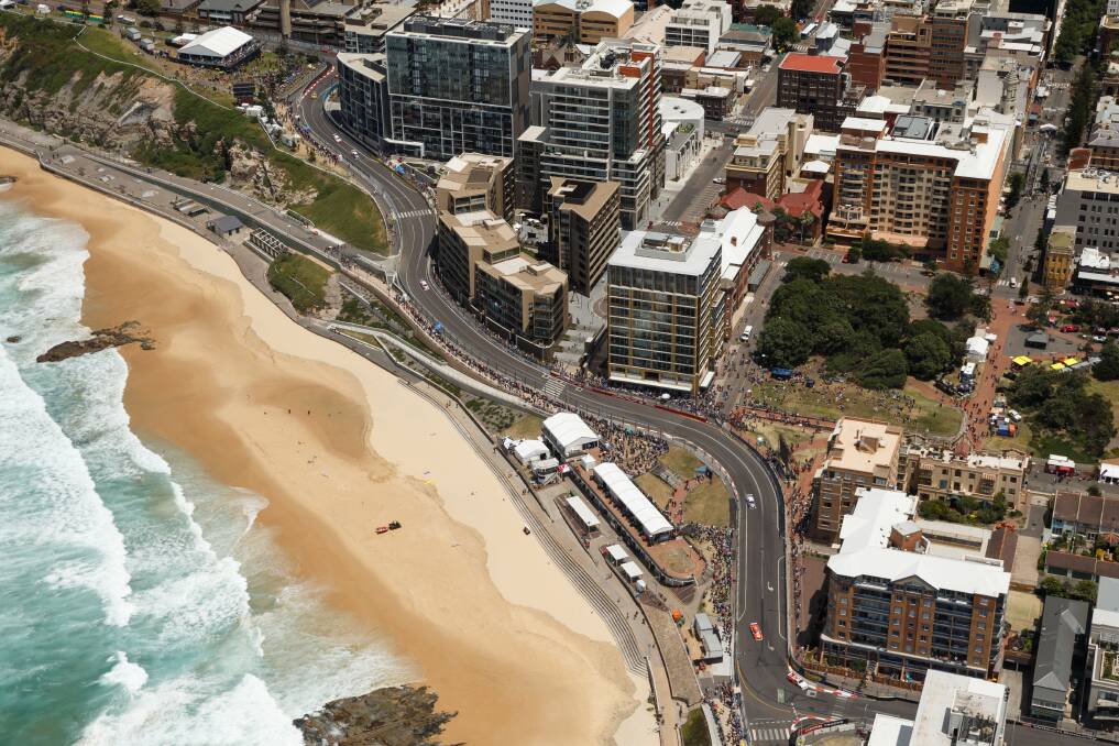 An aerial image of the circuit and Newcastle beach on Saturday. Picture: Max Mason-Hubers
