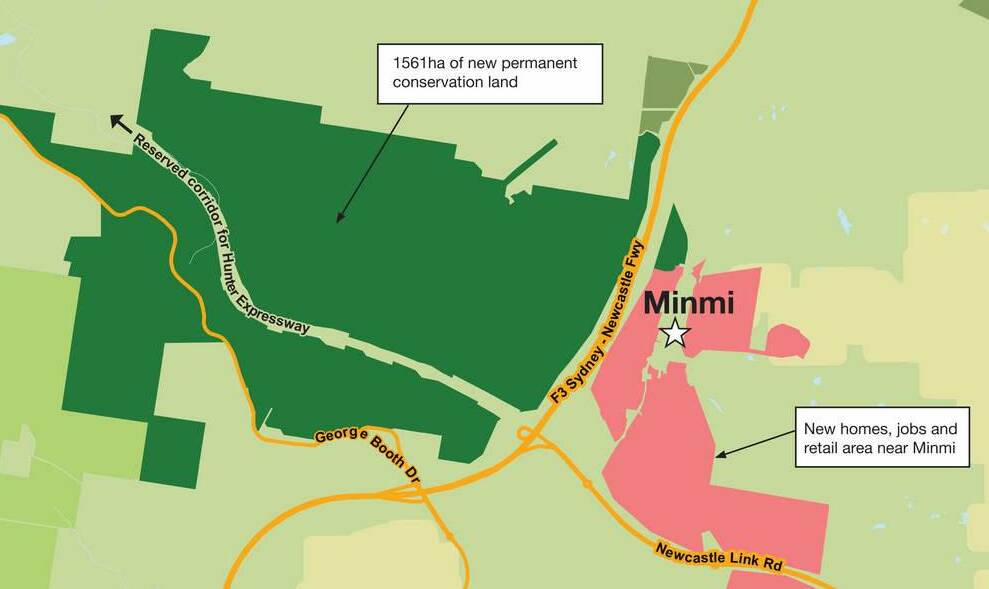 A map showing the proposed Minmi housing estate in pink north and south of the Newcastle Link Road and the 1561 hectares of land dedicated as preserved bushland in 2013. 