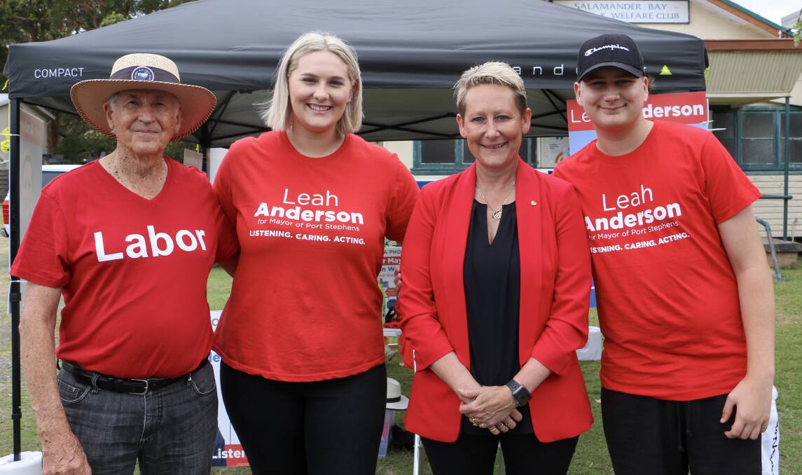 TIGHT RACE: Leah Anderson, centre, with supporters on Saturday. She trails incumbent mayor Ryan Palmer by just 164 votes. Picture: Ellie Marie-Watts 