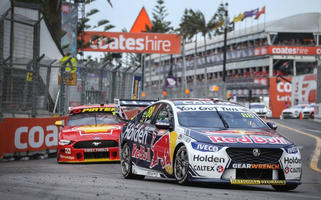 Jamie Whincup's Commodore at the end of pit straight during this year's Newcastle 500. Picture: Marina Neil