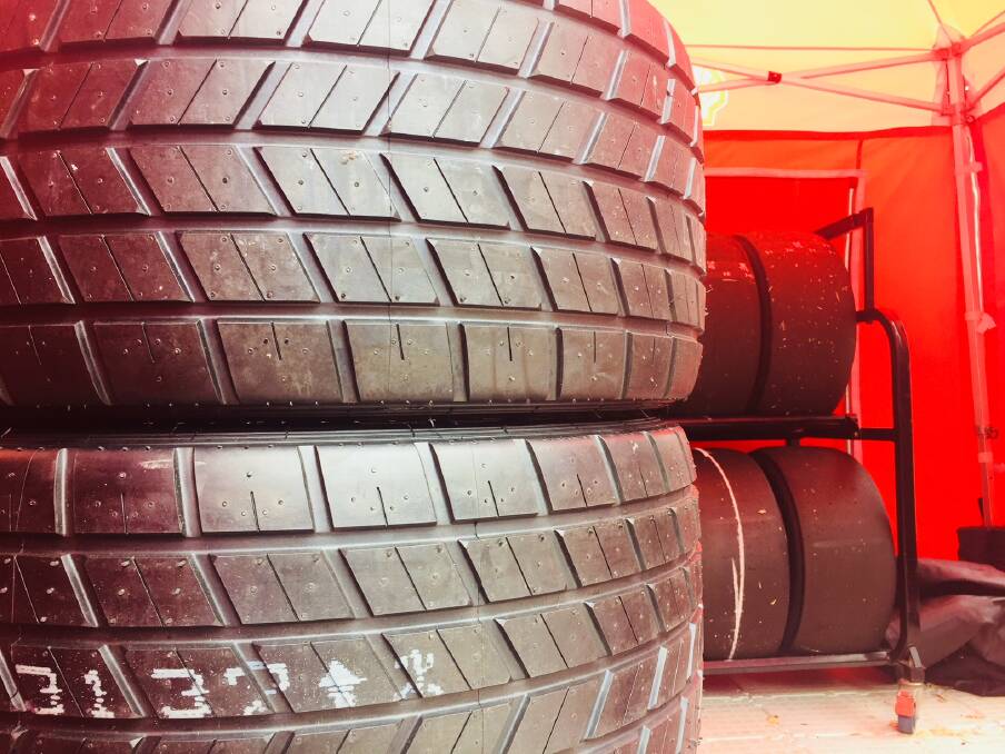 OPTIONS: Wet-weather and slick tyres in the DJR Team Penske tent behind pit lane on Sunday morning.
