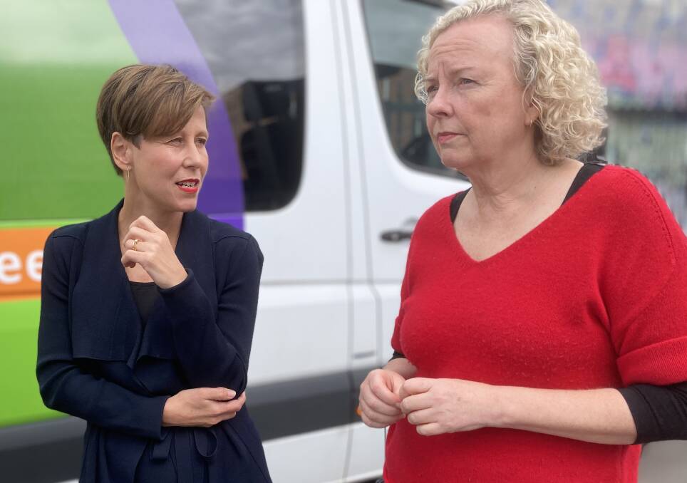 Senator Jenny McAllister with Sharon Claydon in Newcastle on Monday.