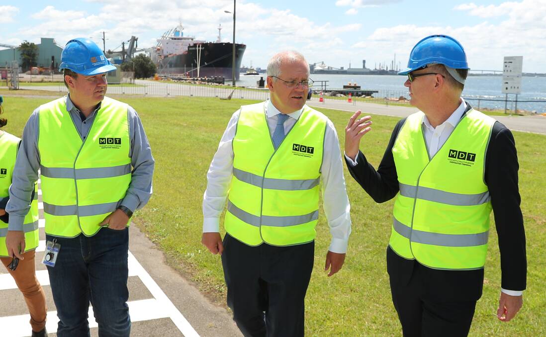 VISIT: Scott Morrison with Port of Newcastle special project director and Nationals senate candidate Ross Cadell and port chief executive officer Craig Carmody in March last year. 