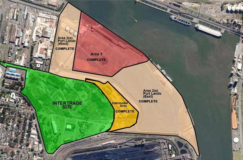 The Intertrade site, in green, next to Port of Newcastle's container terminal at Mayfield. 