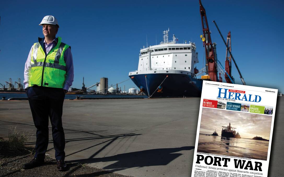 Port of Newcastle chief executive Craig Carmody and, inset, the Herald's 2016 front-page story which revealed the secret container penalties.