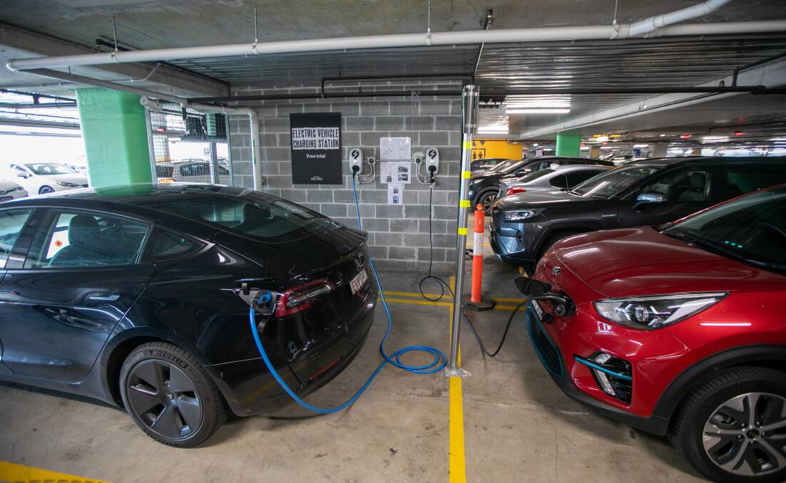 An electric vehicle charging station in a car park in Sydney.