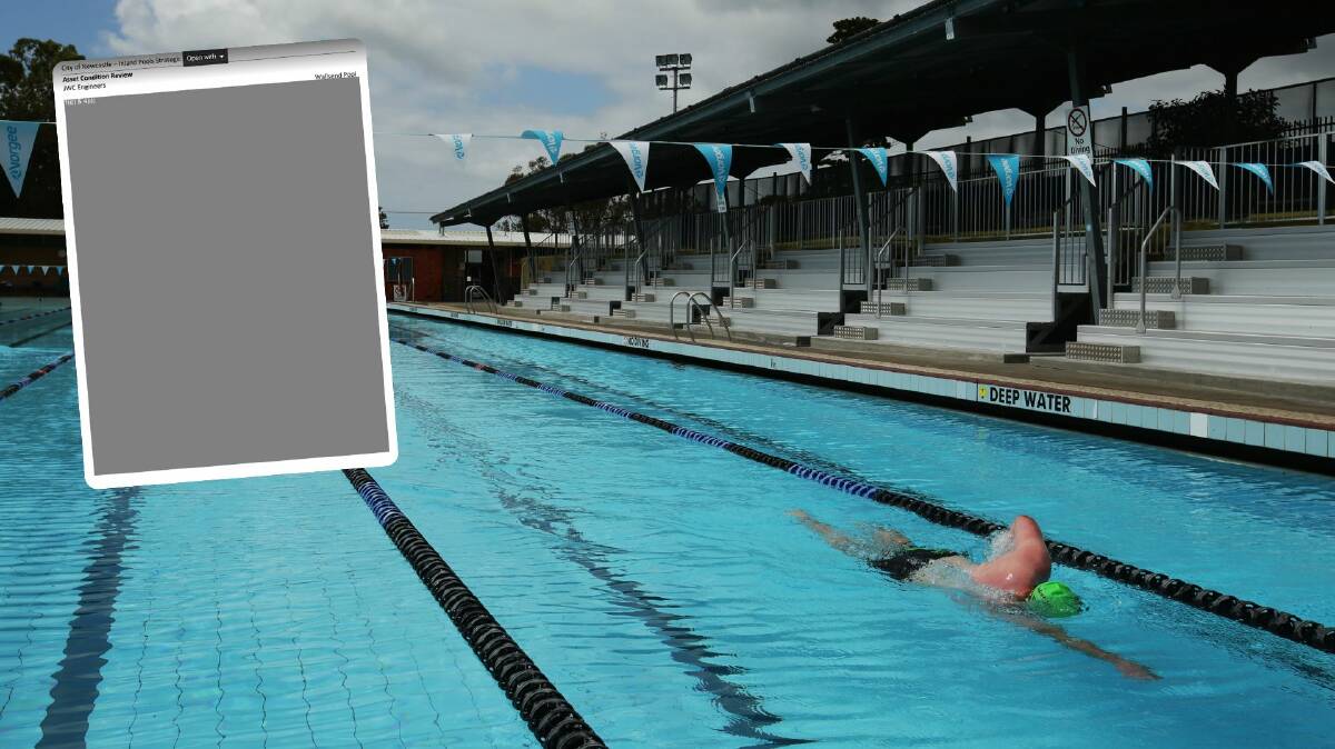 A swimmer at Lambton pool and, inset, one of the redacted pages from an engineer's report on the state of the city's swim centres. File picture 