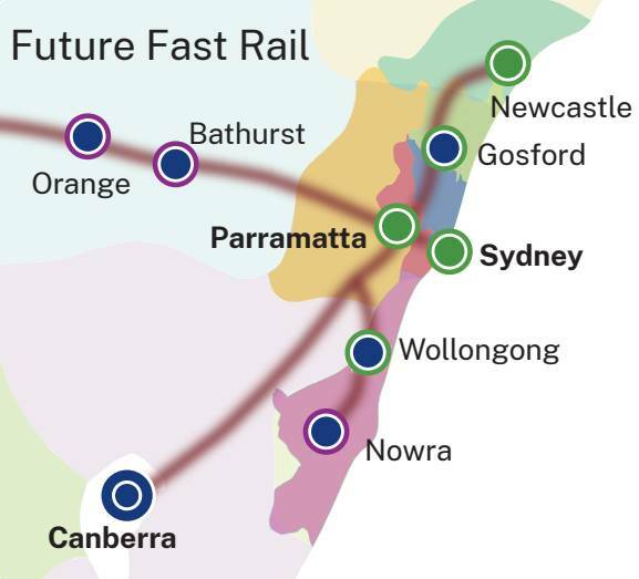 A map from the NSW government's Future Transport Strategy, published in September, showing the proposed fast rail line network.