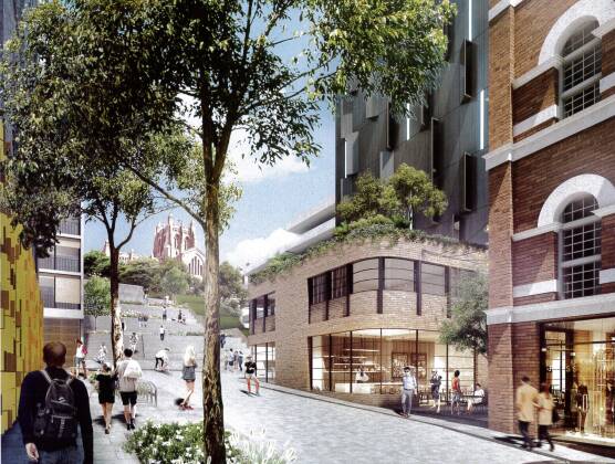 An architectural drawing of the Mall project from 2016, when the state government approved concept plans for the redevelopment. The image shows Morgan Street merging into steps leading up to King Street and Christ Church Cathedral.