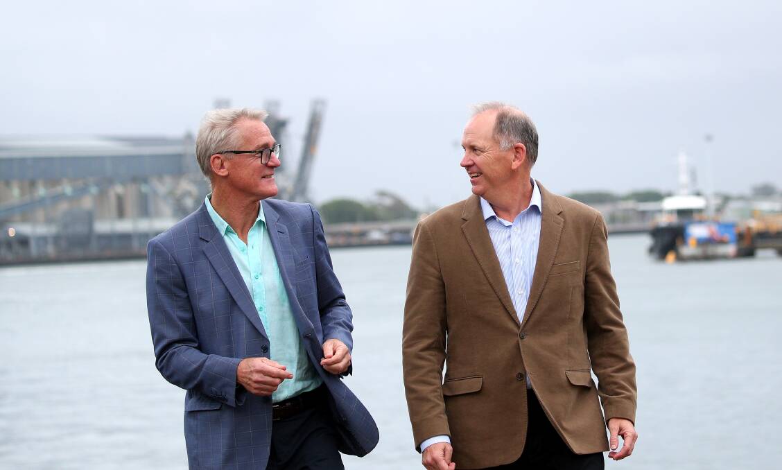 Port of Newcastle chief executive Craig Carmody, right, talking to Business Hunter CEO Bob Hawes at a media event in Newcastle on Friday. Picture by Peter Lorimer 
