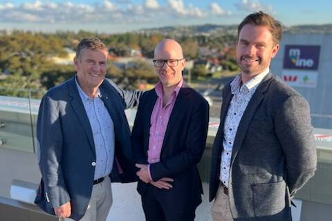 Greater Cities Commission chief commissioner Geoff Roberts, CEO Chris Hanger and Lower Hunter and Greater Newcastle City Commissioner Matt Endacott on the top floor of the City of Newcastle offices on Tuesday. Picture supplied 