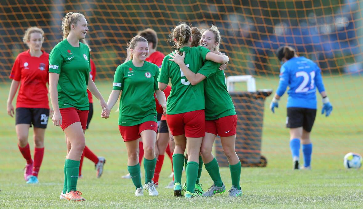 UNBEATEN: Adamstown players celebrate a goal early this month. Picture: Max Mason-Hubers