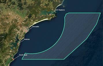 The larger zone for the Hunter offshore wind project proposed in February. Image supplied by Department of Climate Change, Energy, Environment and Water 