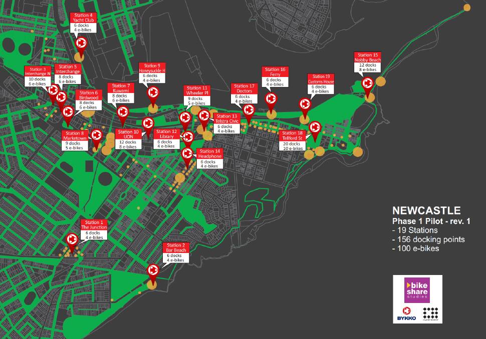 A map of the e-bike docking stations. 