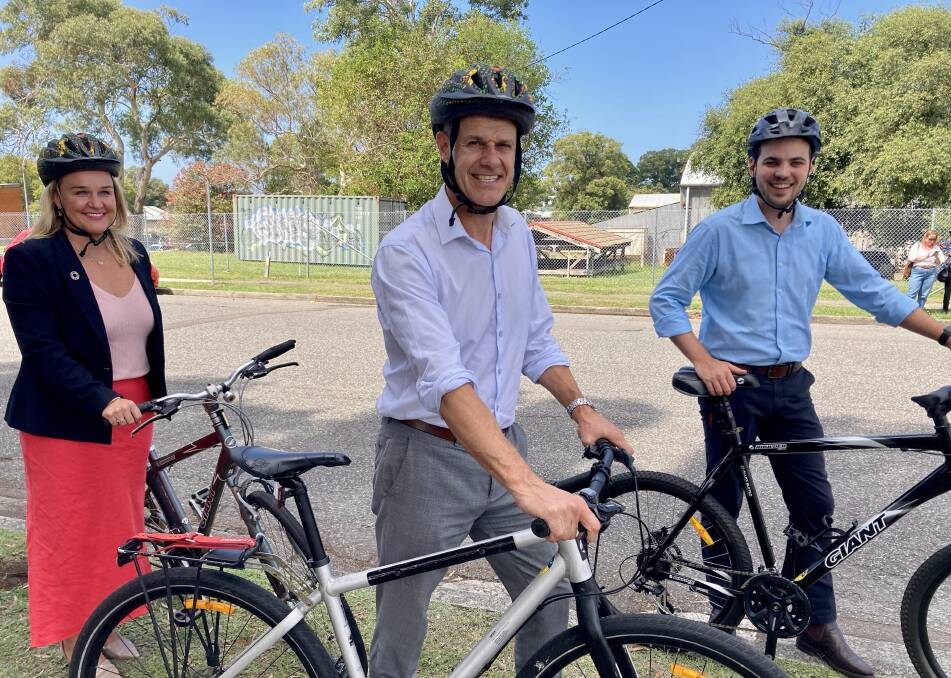 Newcastle lord mayor Nuatali Nelmes, Tim Crakanthorp and deputy lord mayor Declan Clausen at Wednesday's cycleways announcement.