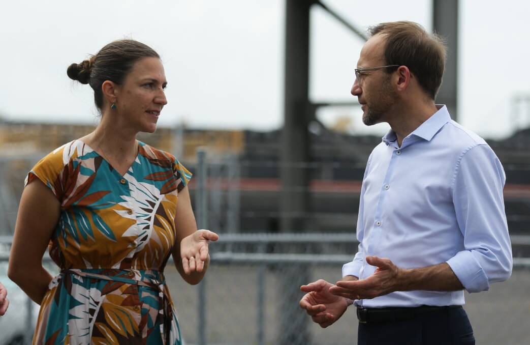 Charlotte McCabe with Greens leader Adam Bandt in Newcastle in February.