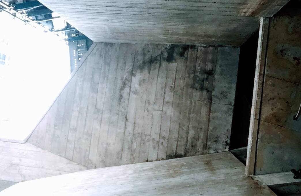 Detail of the angular, pre-cast concrete which forms part of the first-floor link between the two towers.   