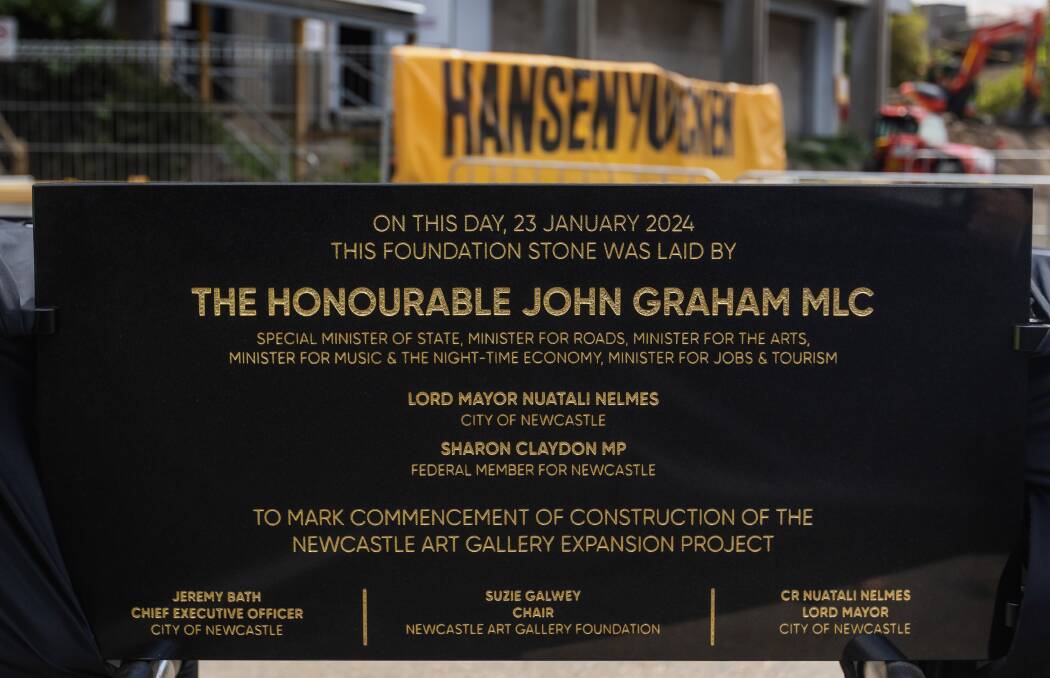 The engraved foundation stone unveiled at the art gallery construction site on Tuesday. Picture by Marina Neil