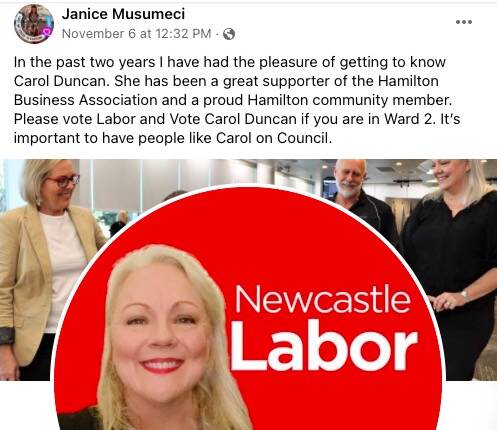 ENDORSEMENT: Janice Musumeci's post on Facebook supporting Labor.