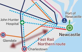 A map from the Future Transport Strategy showing the approximate route of a fast rail line to Newcastle.