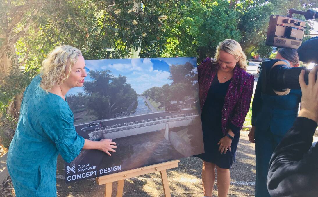 PLEDGE: Sharon Claydon and lord mayor Nuatali Nelmes in Wallsend on Sunday with a concept plan for the Boscawen Street bridge. 