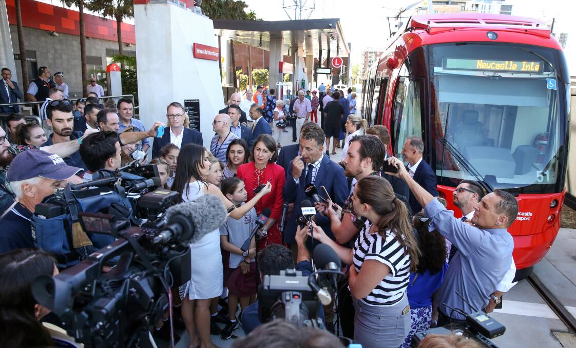 Gladys Berejiklian and Andrew Constance at a media conference at Newcastle Interchange on Friday. Picture: Marina Neil