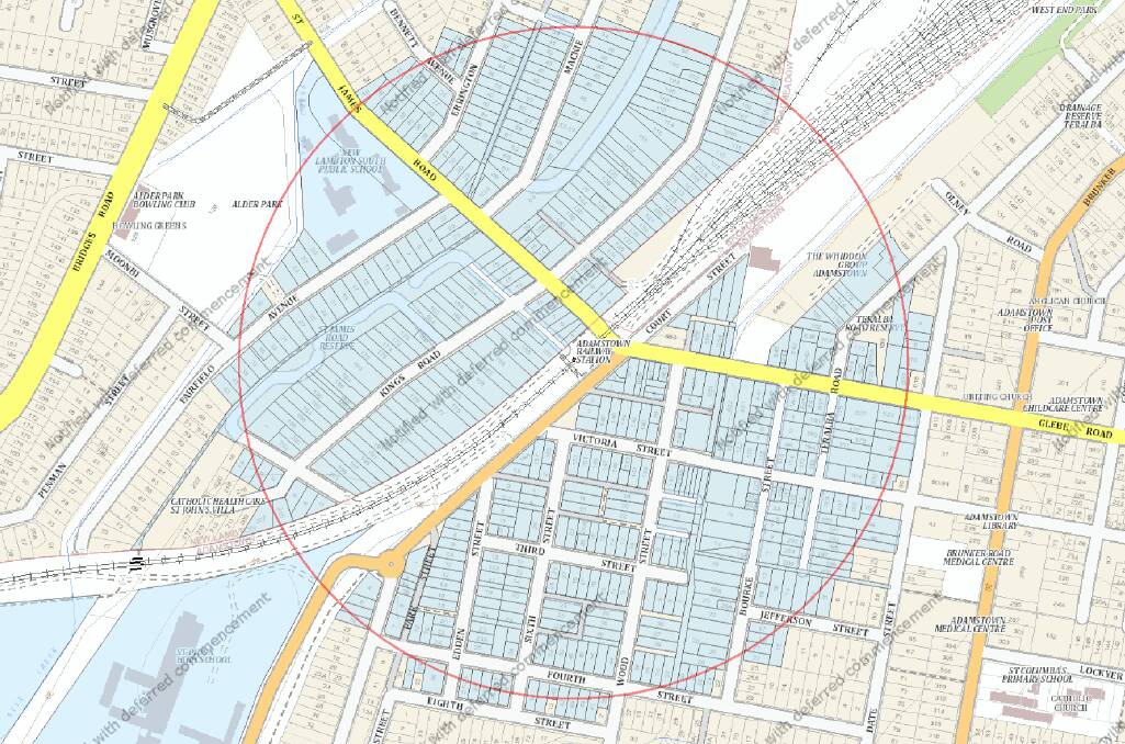 The Adamstown Station zone, with government-identified "redevelopment sites" in blue. 