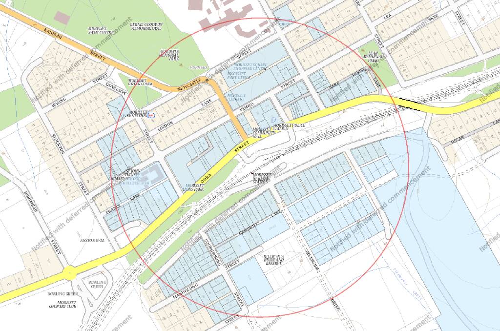 The Morisset Station zone, with government-identified "redevelopment sites" in blue. 