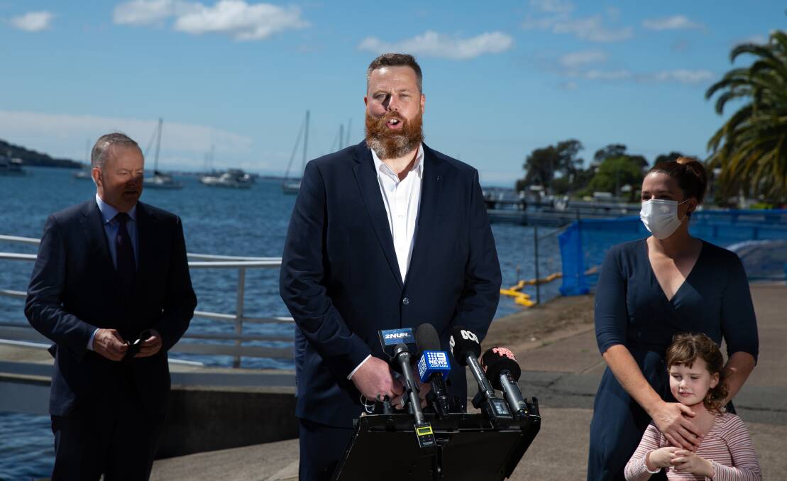 FIRST OUTING: Daniel Repacholi talks to the media at his campaign launch beside Lake Macquarie.