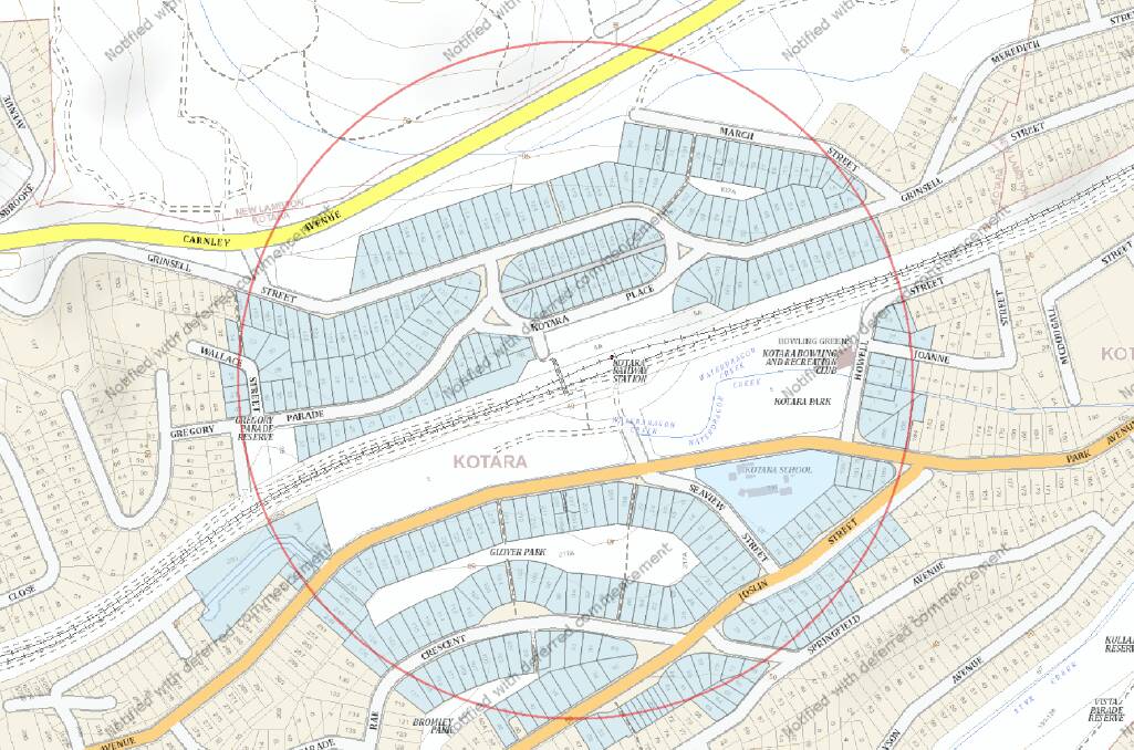 The Kotara Station zone, with government-identified "redevelopment sites" in blue. 