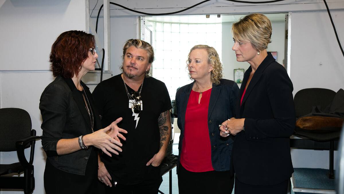 Atwea College executive director Rowan Cox, mentor Grant Walmsley, Newcastle MP Sharon Claydon and Senator Kristina Keneally at the college on Wednesday. Picture: Andrew Monger 