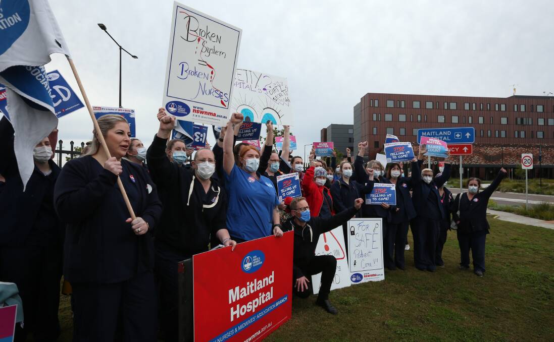 Nurses and midwives stage a walkout at Maitland Hospital in August over staffing levels. Picture by Simone De Peak