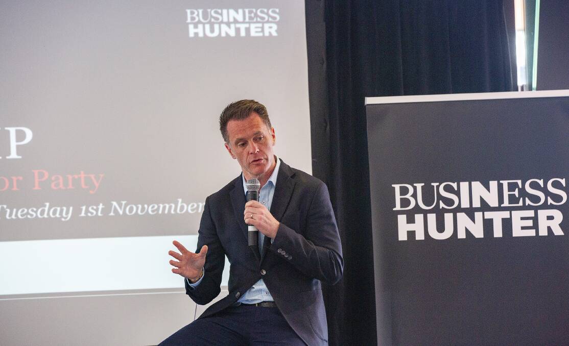 Chris Minns answers questions at a Business Hunter breakfast at McDonald Jones Stadium on Tuesday. Picture supplied