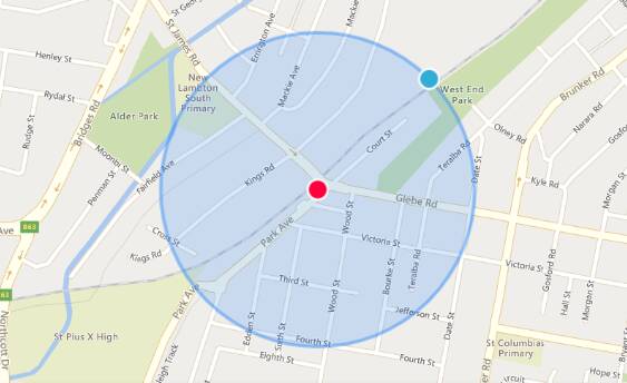 A map showing a 400-metre radius zone around Adamstown station. Image supplied