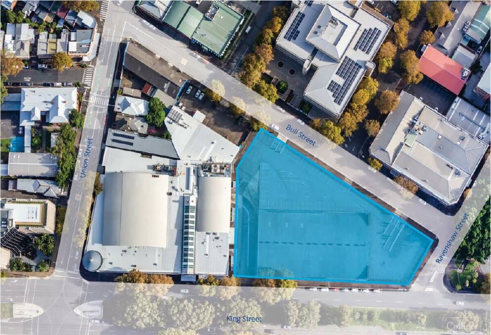 The redevelopment site, marked in blue, between King and Bull streets. 